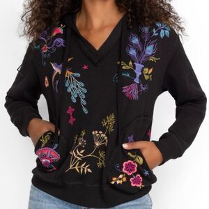 NEW Johnny Was Ariela Relaxed Thermal Hoodie Floral Bird Embroidered Black Sz S